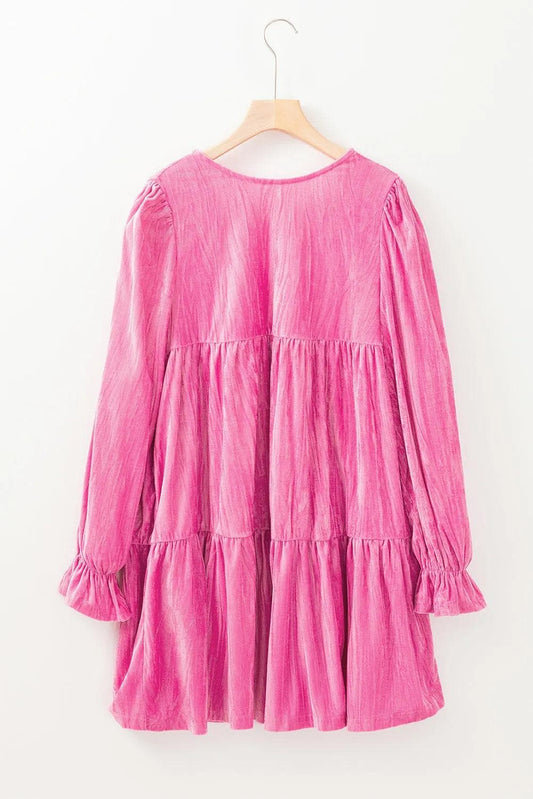 Dresses/Mini Dresses Strawberry Pink Flounce Sleeve Tiered Ruffled Velvet Mini Dress