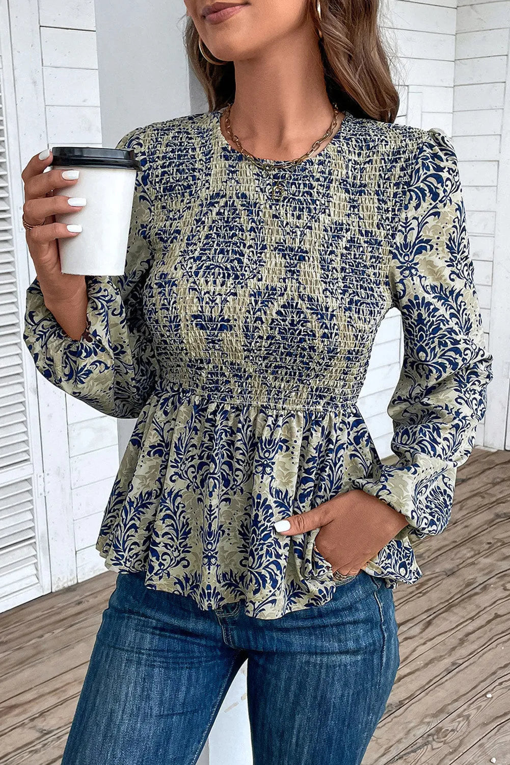 Sky Blue Boho Printed Balloon Sleeve Smocked Peplum Blouse - Chic Meadow Boutique 