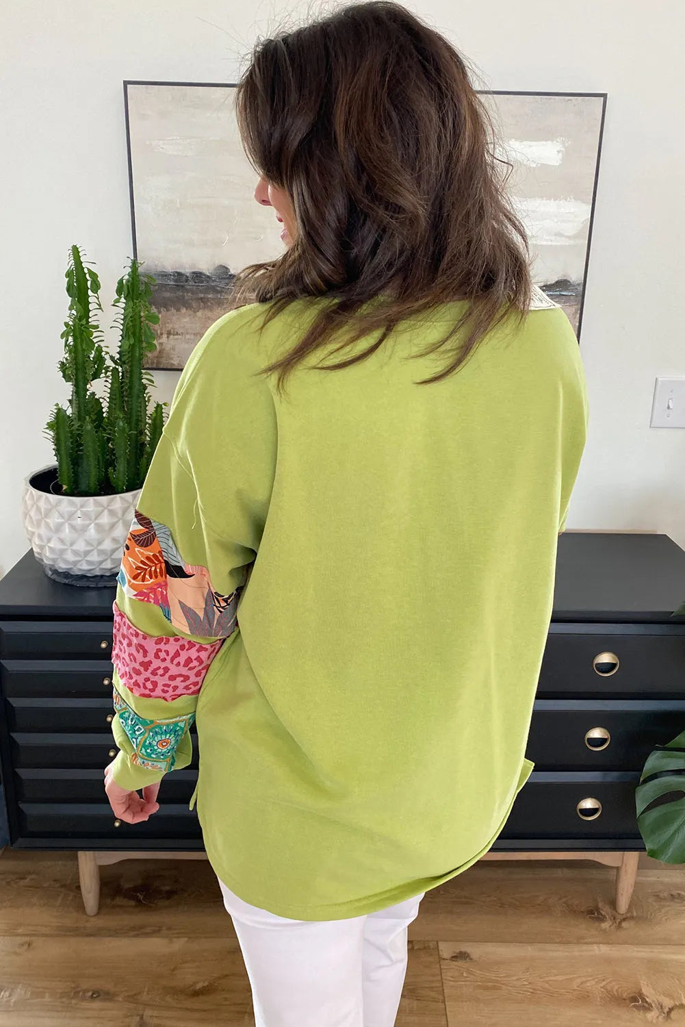 Plus Size/Plus Size Sweatshirts & Hoodies Green Plus Size Printed Patchwork Sleeve Split Sweatshirt