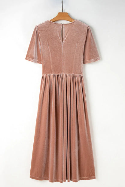 Chestnut Velvet Lacy V Neckline Short Sleeve Empire Waist Flowy Maxi Dress - Chic Meadow Boutique 