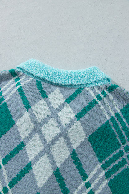 Green Plaid V Neck Long Sleeve Shift Cardigan Sweater