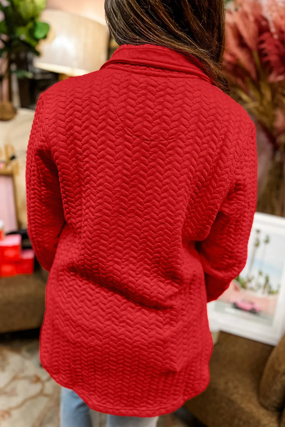 Tomato Red Cable Textured Quarter Zip Pocketed Plus Size Pullover - Chic Meadow Boutique 