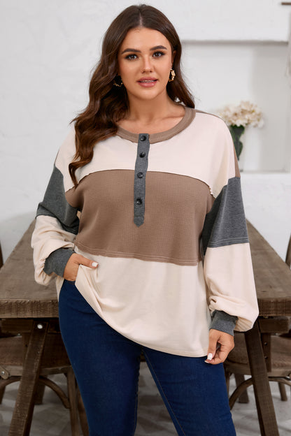 Jet Stream Waffle Patchwork Colorblock Half Buttons Casual Plus Size Knit Jumper