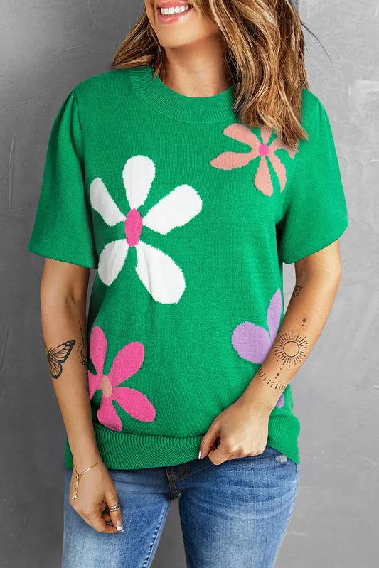 Bright Green Floral Bubble Short Sleeve Sweater - Chic Meadow Boutique 