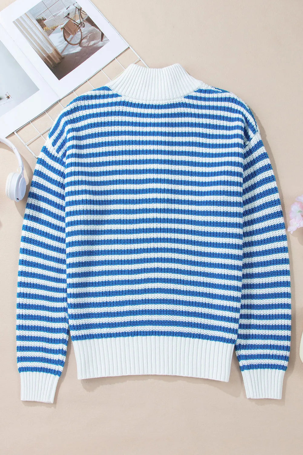 Sky Blue Stripe Zip up Collar Drop Shoulder Sweater - Chic Meadow Boutique 