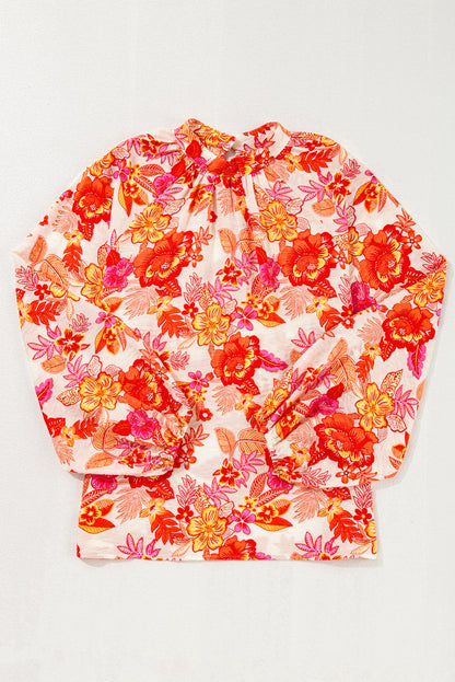 Orange Floral Print Pearl Button Keyhole Long Puff Sleeve Blouse