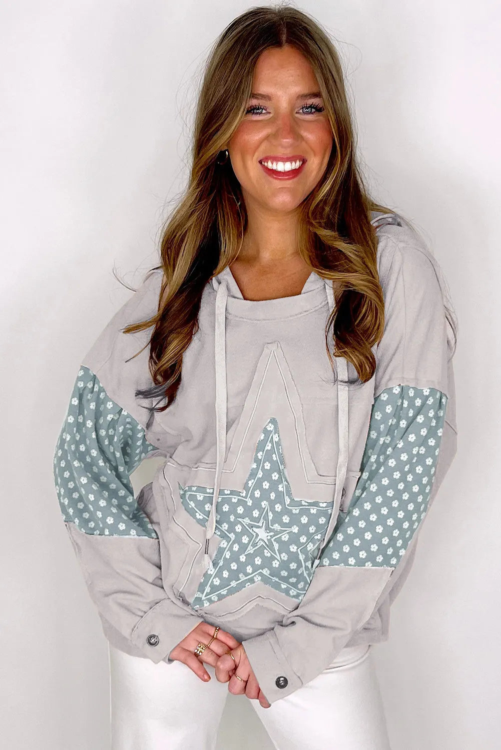 Beau Blue Floral Patchwork Star Pattern Drawstring Hoodie - Chic Meadow Boutique 