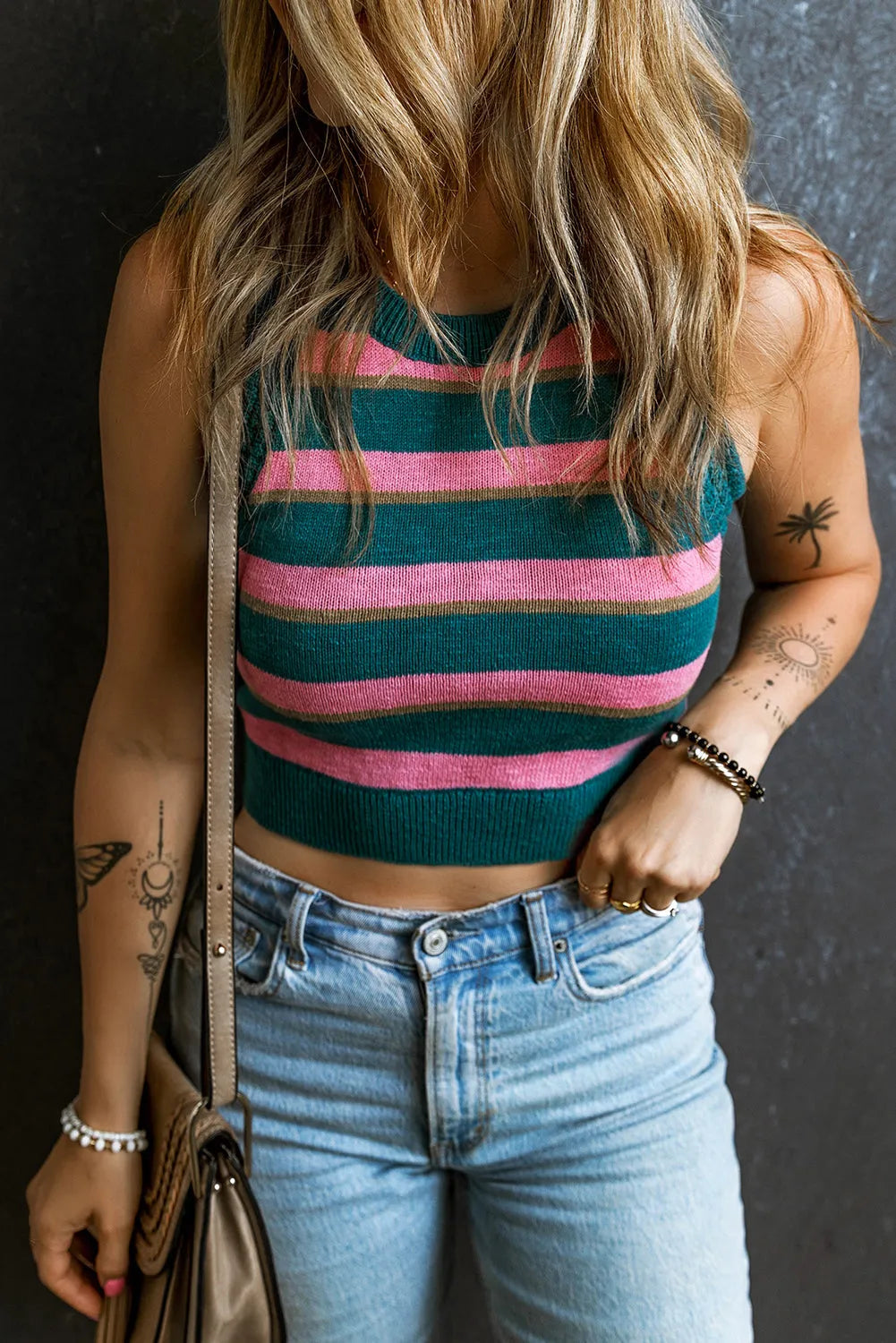 Pink Stripe Sleeveless Knit Cropped Sweater Top - Chic Meadow Boutique 