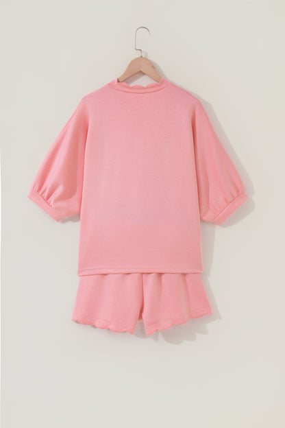 Gossamer Pink Scalloped V Neck Dolman Oversize Top Drawstring Short Set