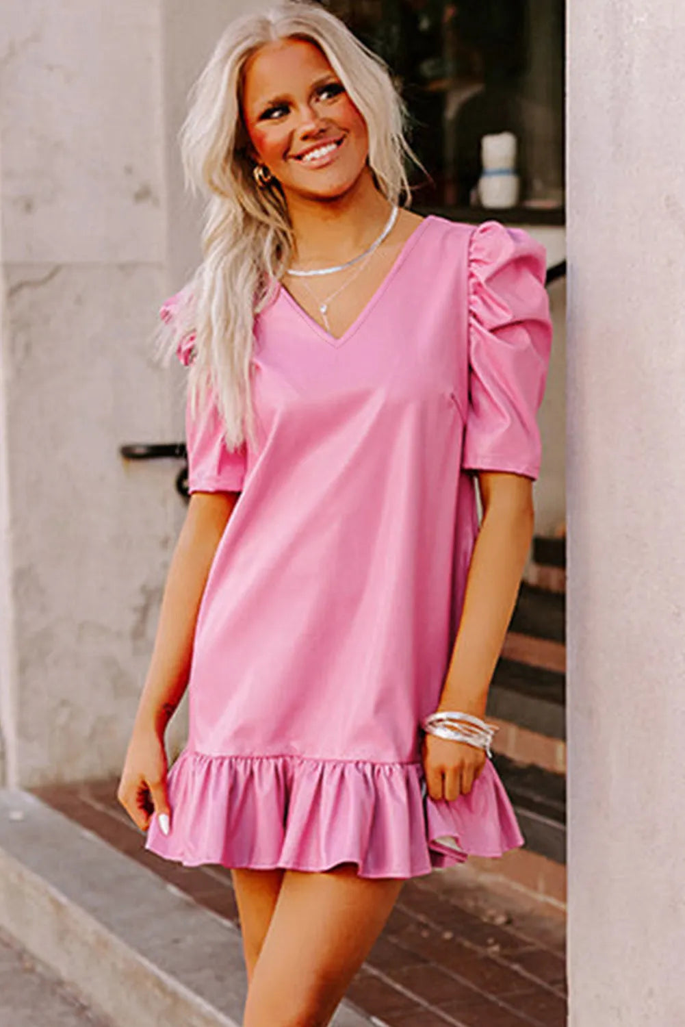 Sachet Pink Pleather Bubble Short Sleeve V Neck Ruffled Hem Mini Dress - Chic Meadow Boutique 