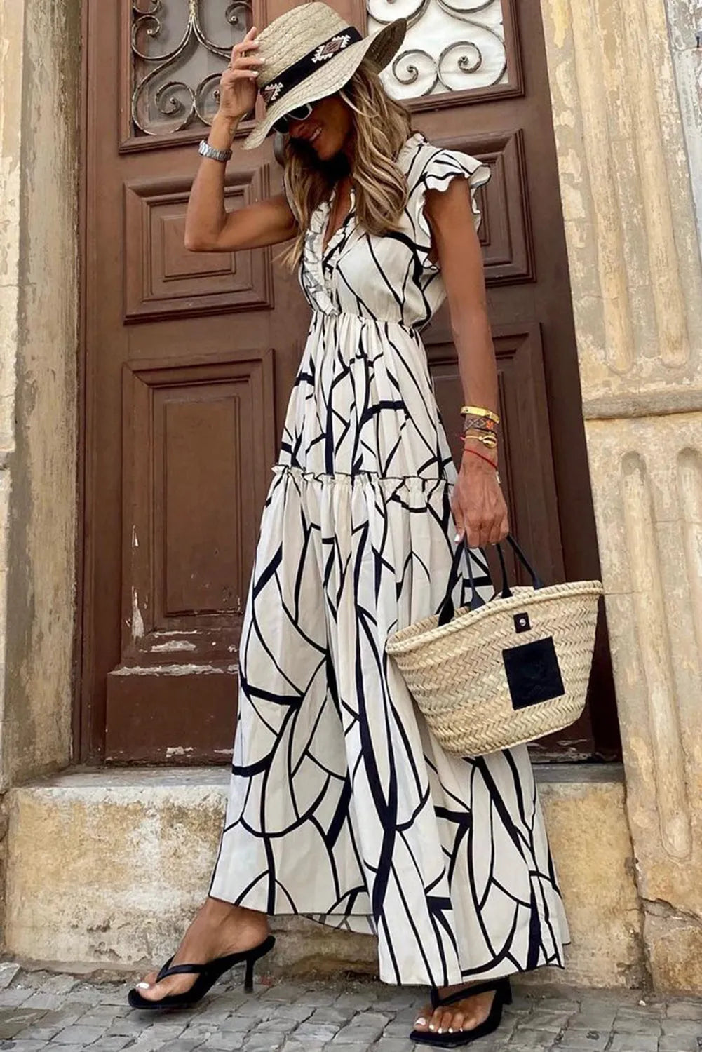 White Abstract Vein Print V Neck Ruffle Maxi Dress - Chic Meadow Boutique 