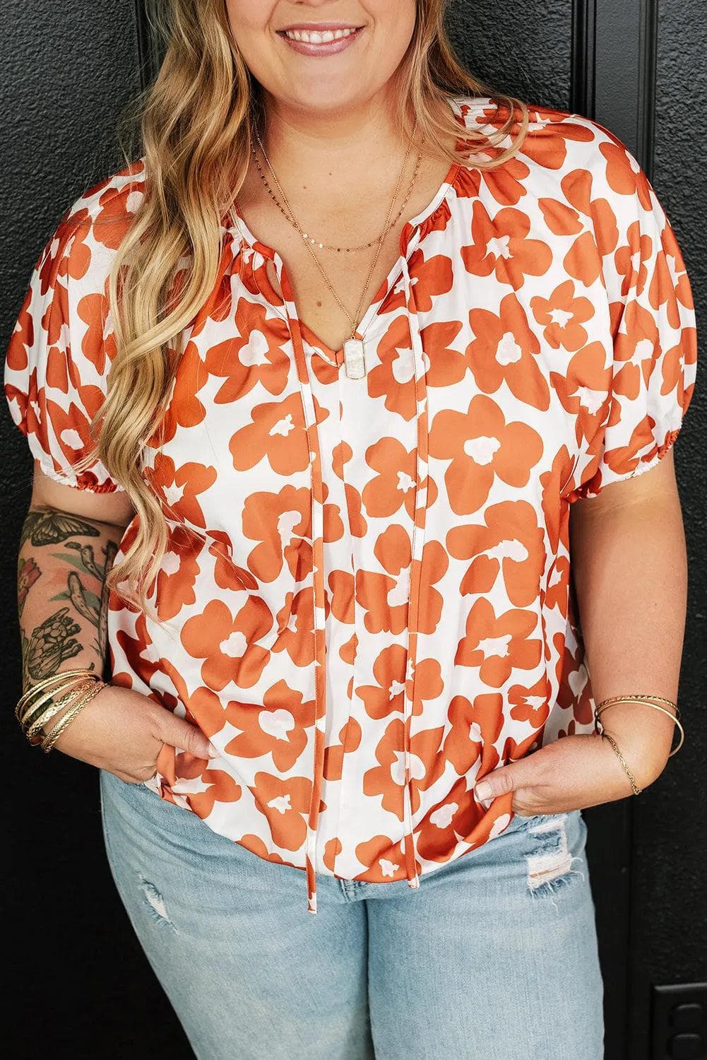 Plus Size/Plus Size Tops/Plus Size Blouses & Shirts Orange Plus Size Floral Print Drawstring V Neck Short Sleeve Blouse