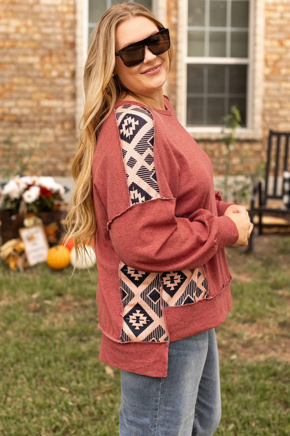 Redwood Burl Aztec Patchwork Drop Shoulder Plus Size High Low Sweatshirt - Chic Meadow Boutique 