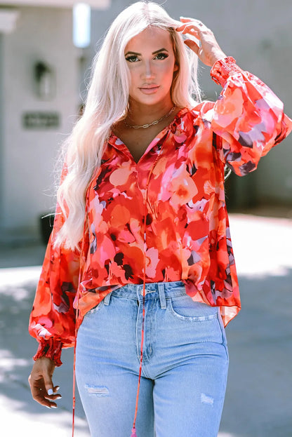 Fiery Red Floral Print Split Neck Tassel Tie Blouse - Chic Meadow Boutique 