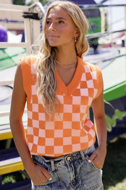 Russet Orange Checkered V Neck Knitted Sweater Vest - Chic Meadow Boutique 