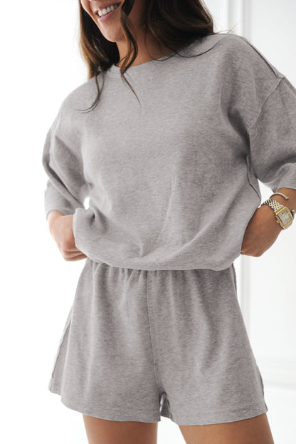 Gray Solid Color Loose Tee 2 Piece Shorts Set