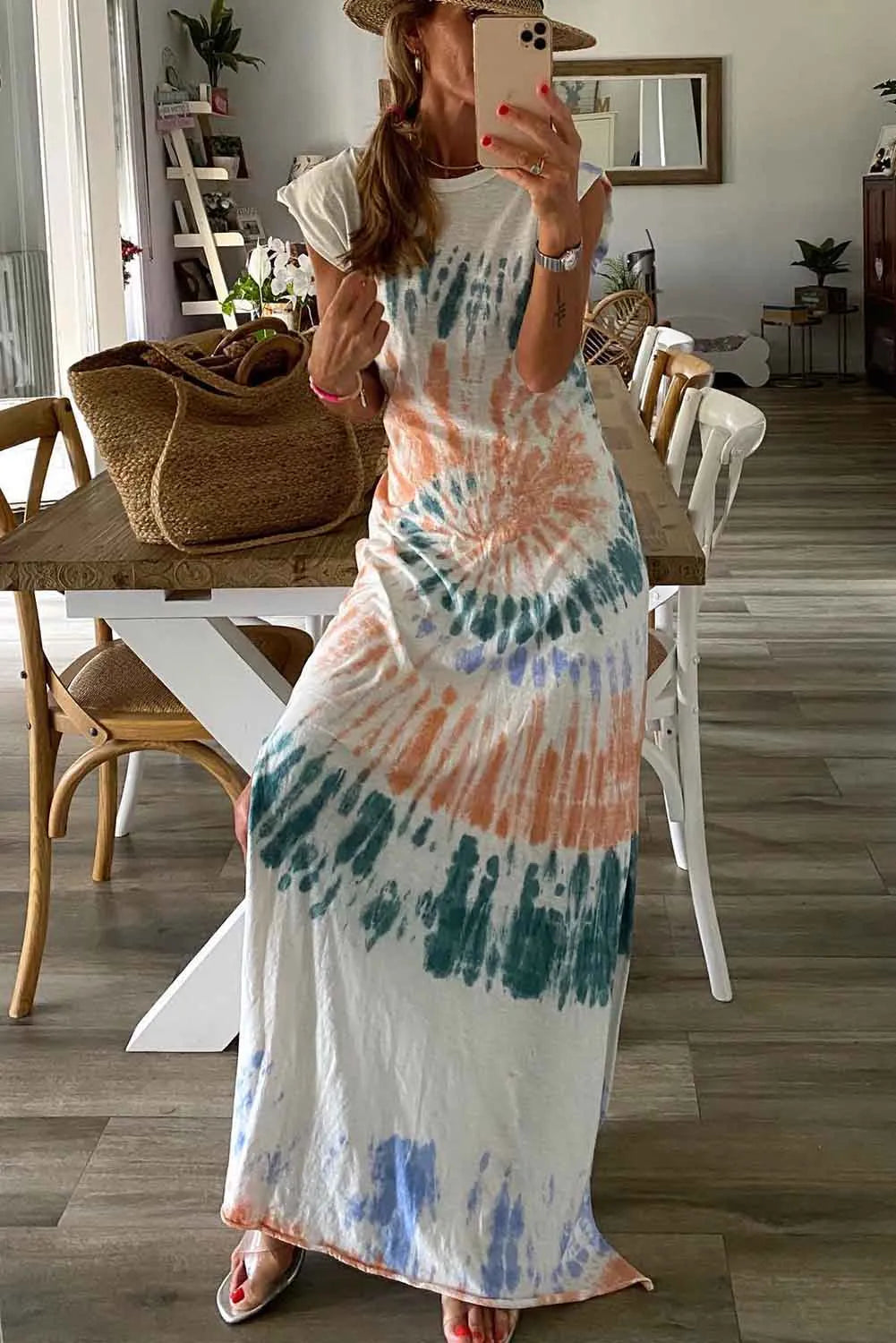 White Cap Sleeve Tie Dye Long Slit Dress - Chic Meadow Boutique 