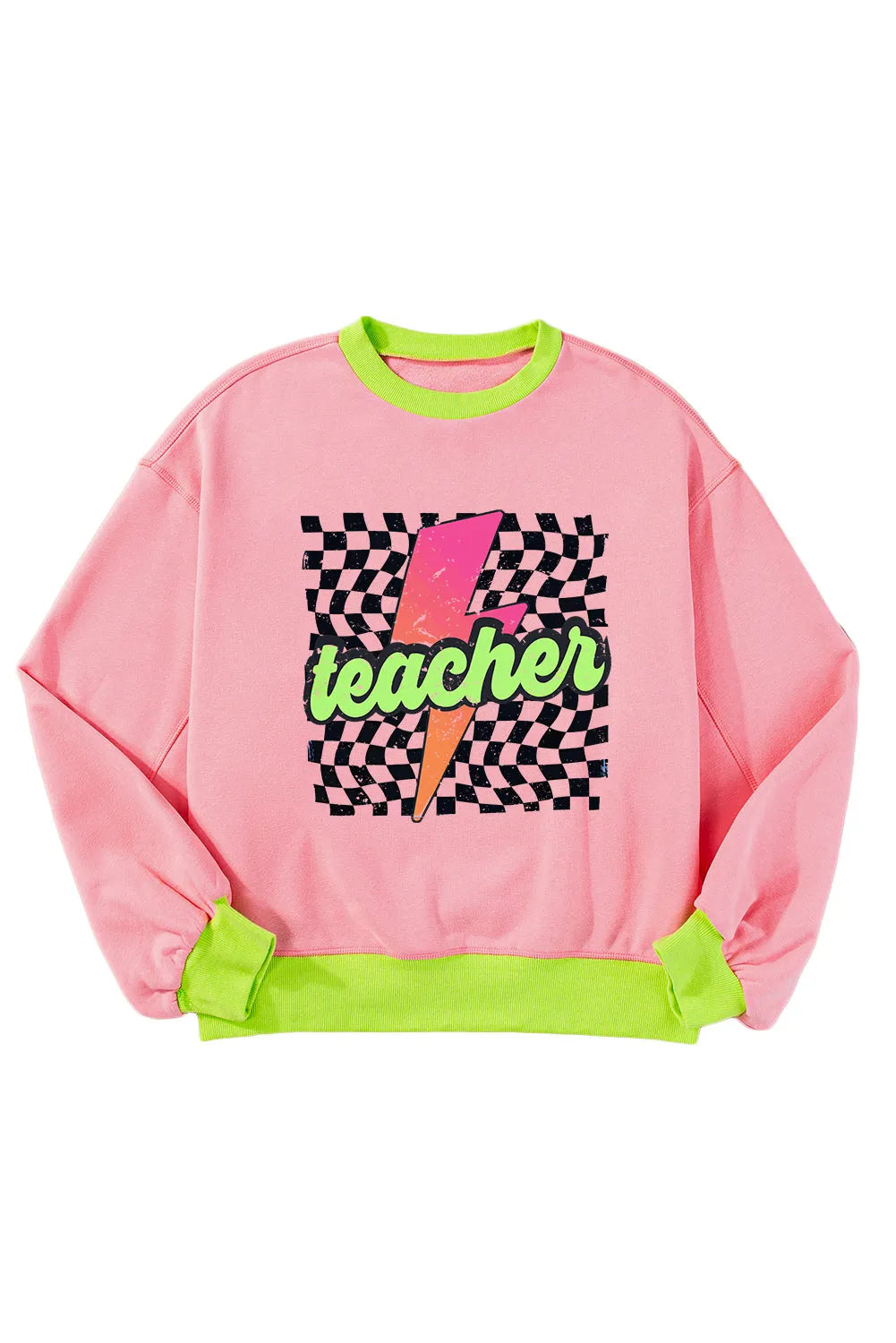 Pink Teacher Lightning Checkered Print Color Block Sweatshirt - Chic Meadow Boutique 