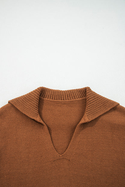 Chestnut Collared V Neck Ribbed Edge Sexy Elegant Sweater