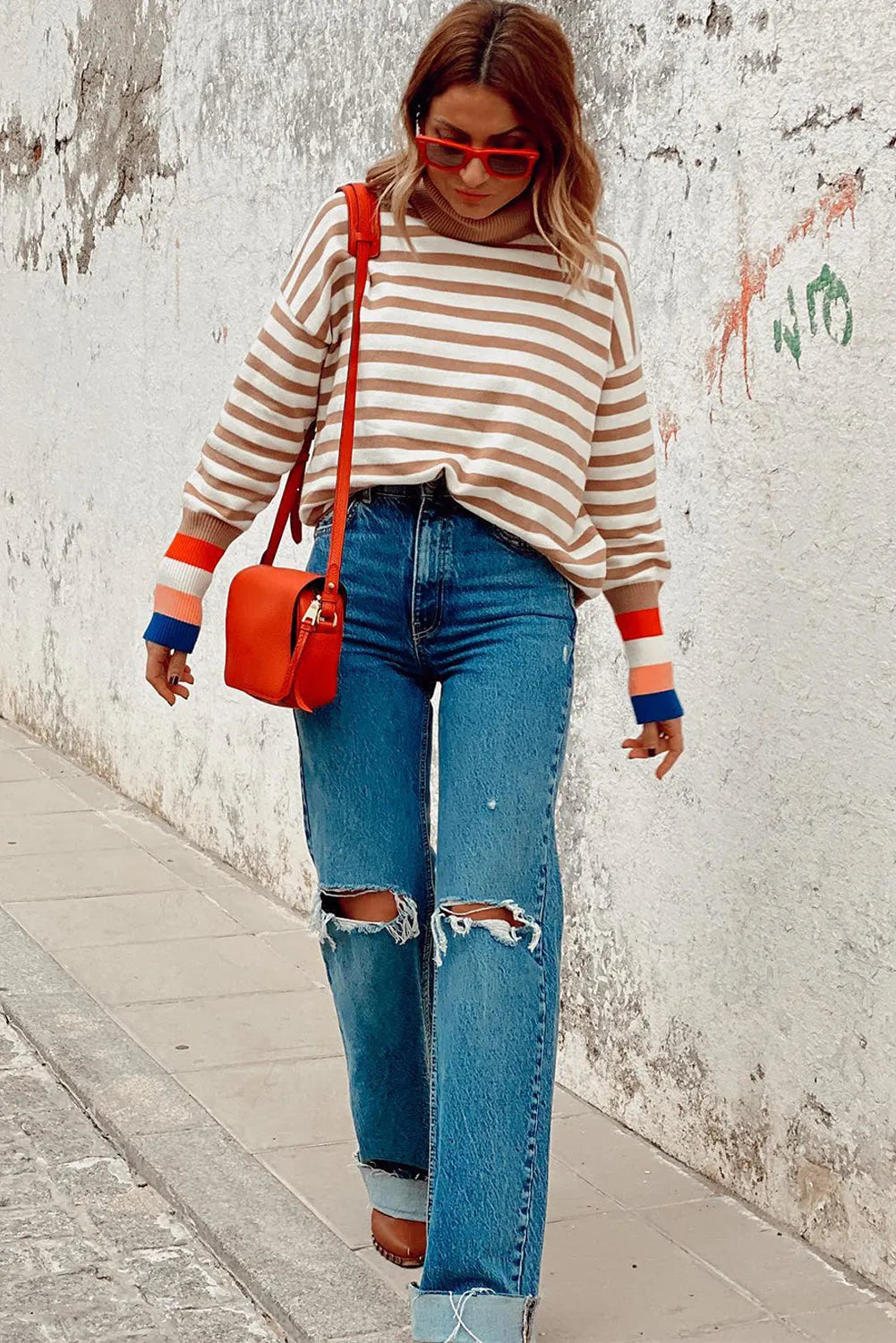 Brown Stripe Colorblock Bishop Sleeve Turtleneck Sweater - Chic Meadow Boutique 