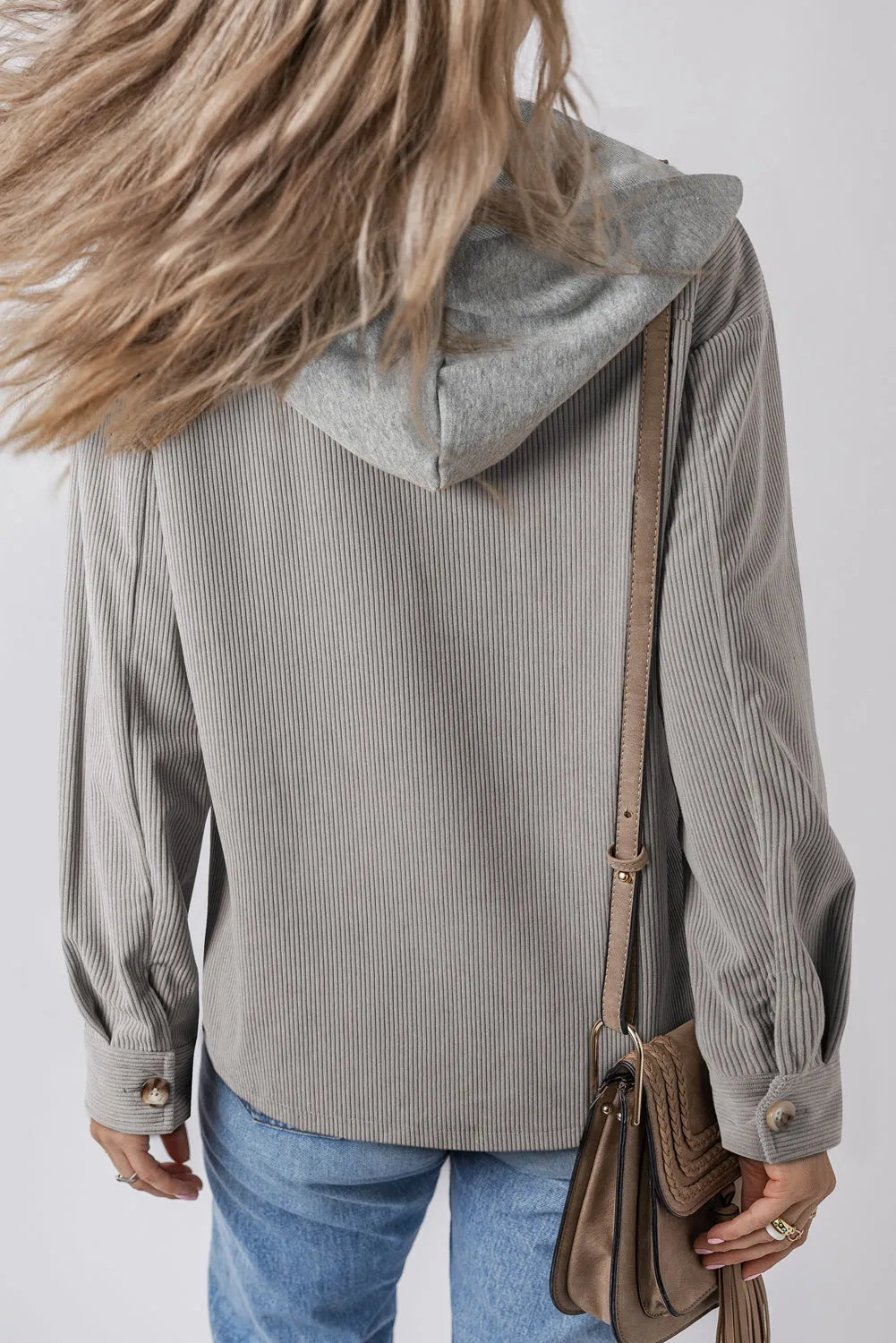 Light Grey Hooded Drawstring Pockets Corduroy Shacket - Chic Meadow Boutique 