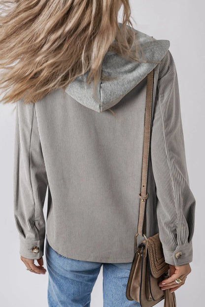 Light Grey Hooded Drawstring Pockets Corduroy Shacket - Chic Meadow Boutique 