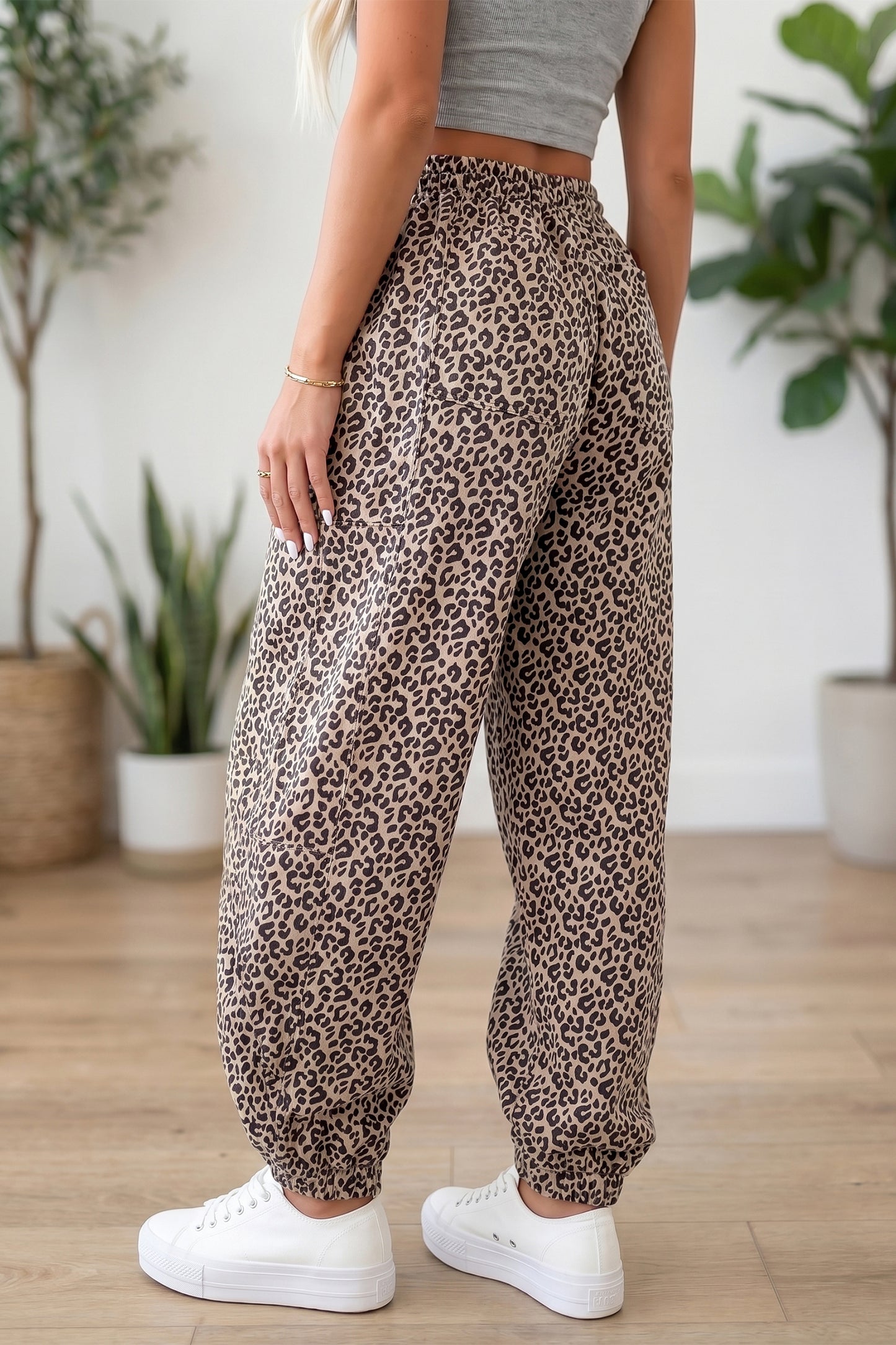 Khaki Leopard Print Elastic Waist Ankle Length Pants