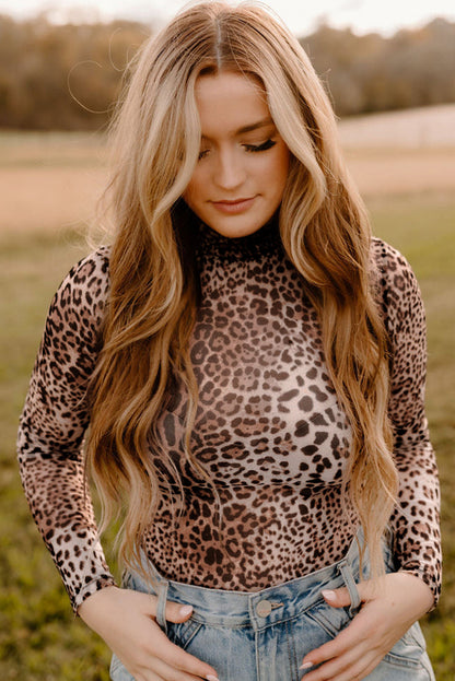 Brown Leopard Smocked Neck Mesh Long Sleeve Bodysuit