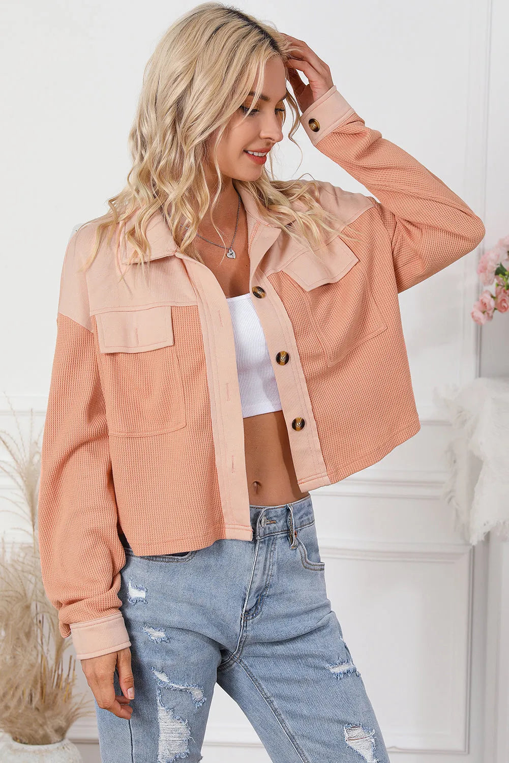 Orange Textured Waffle Knit Chest Pockets Cropped Shacket - Chic Meadow Boutique 