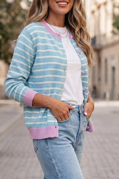 Sky Blue Stripe Striped Long Sleeve Round Neck Casual Open Front Cardigan