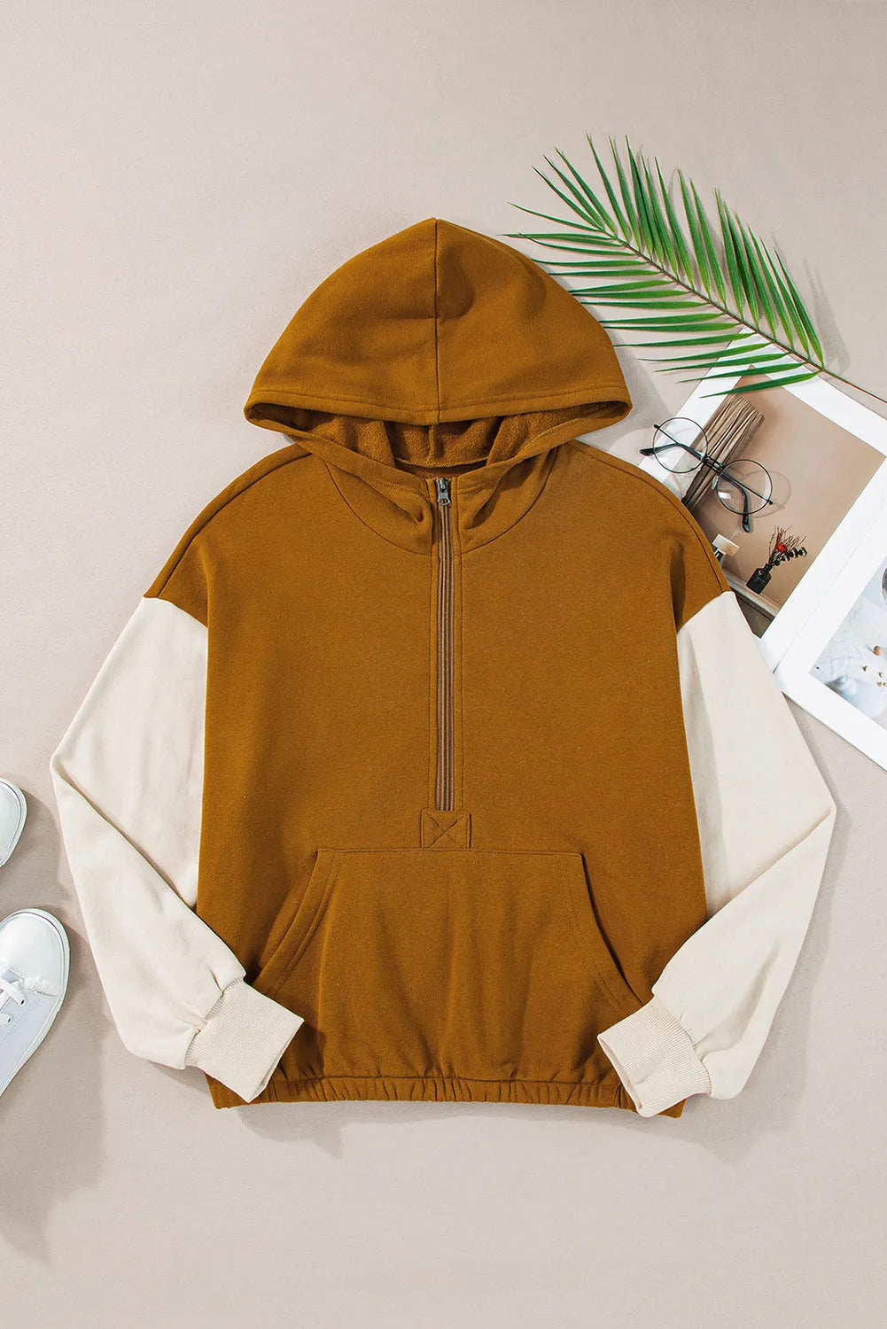 Chestnut Color Block Half Zip Kangaroo Pocketed Hoodie - Chic Meadow Boutique 