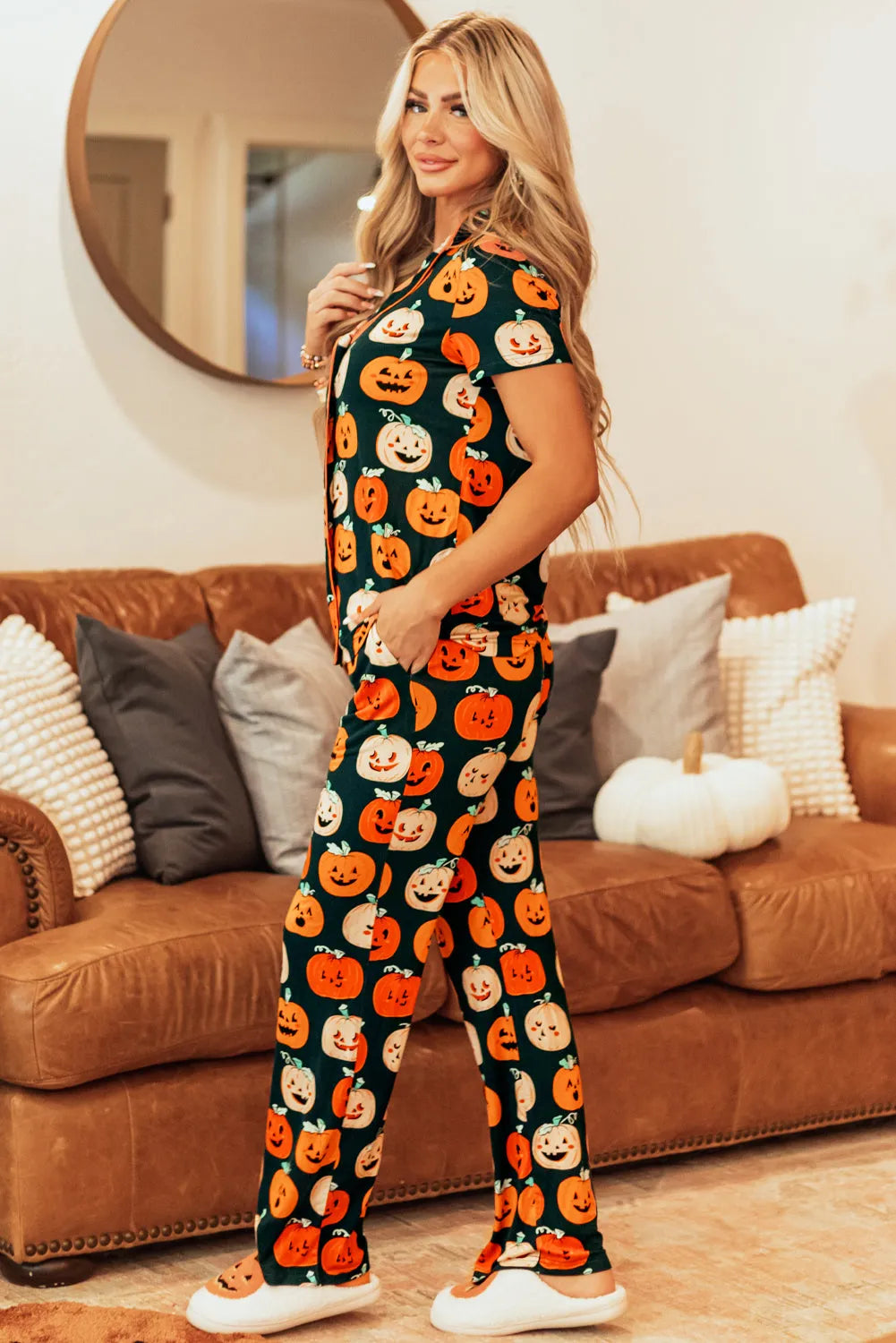 Orange Halloween Pattern Short Sleeve Shirt Pajama Set - Chic Meadow Boutique 