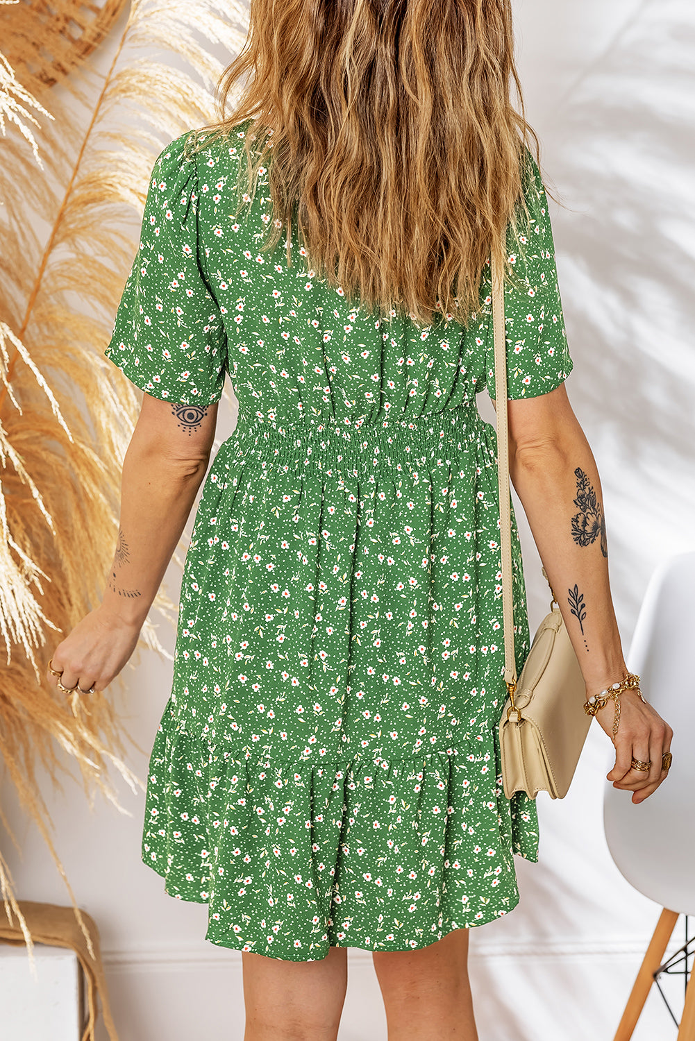 Green Floral Print Wrap V Neck Short Sleeve High Waistband Mini Dress