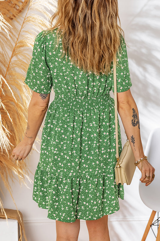 Green Floral Print Wrap V Neck Short Sleeve High Waistband Mini Dress