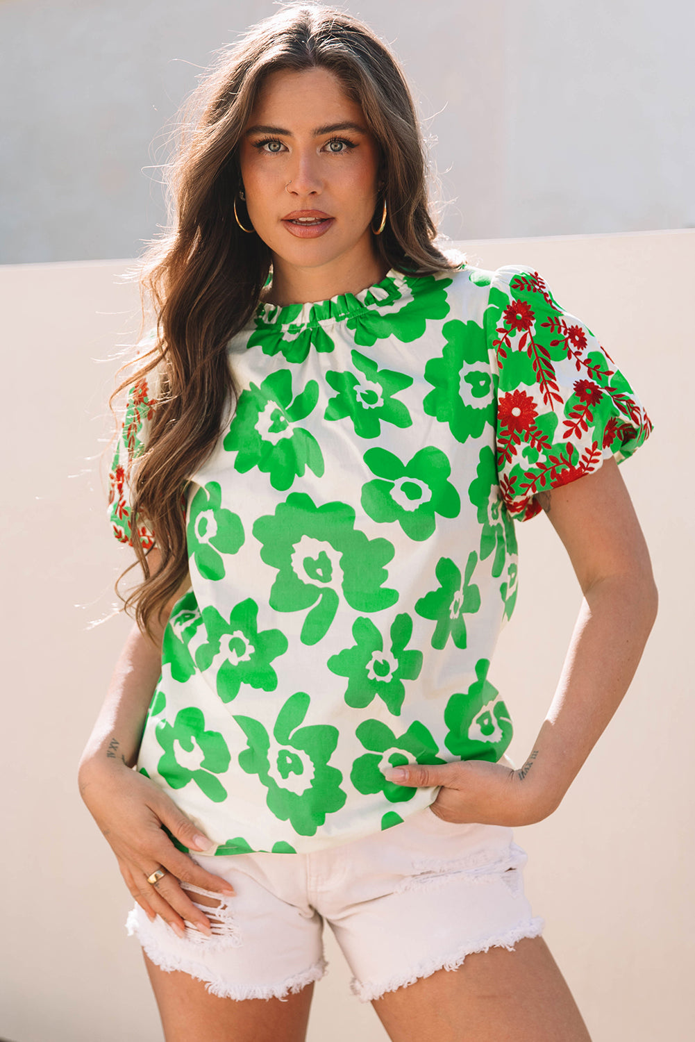 Green Contrast Embroidered Puff Short Sleeve Floral Blouse