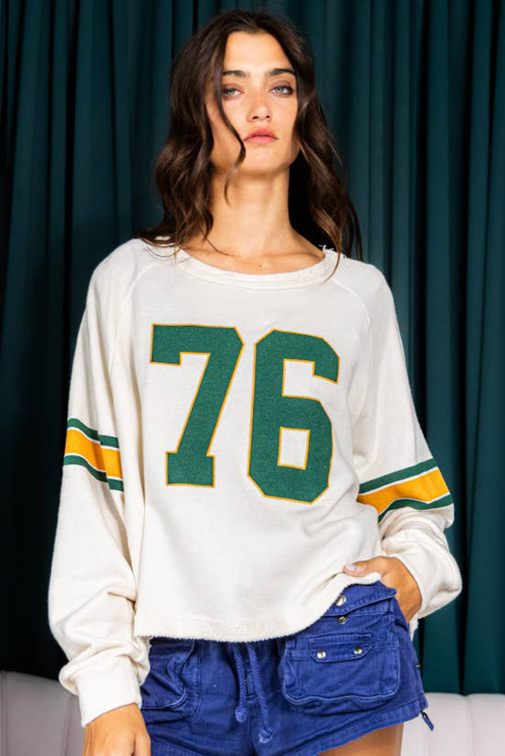 White Number 76 Printed Retro Sporty Long Sleeve Top