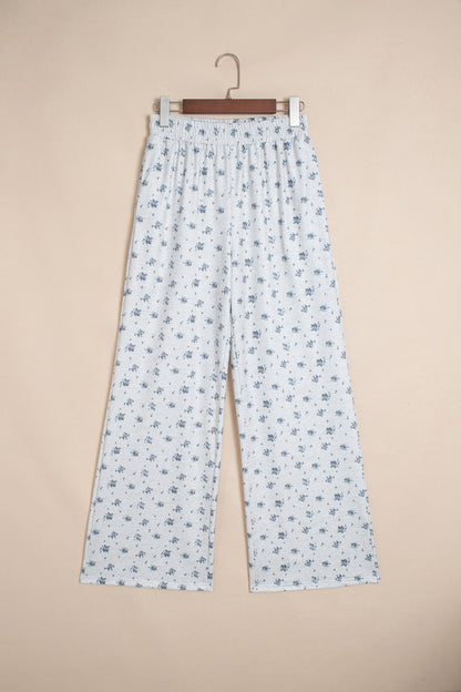 Gray Floral Print Elastic Waist Full Length Regular Pants