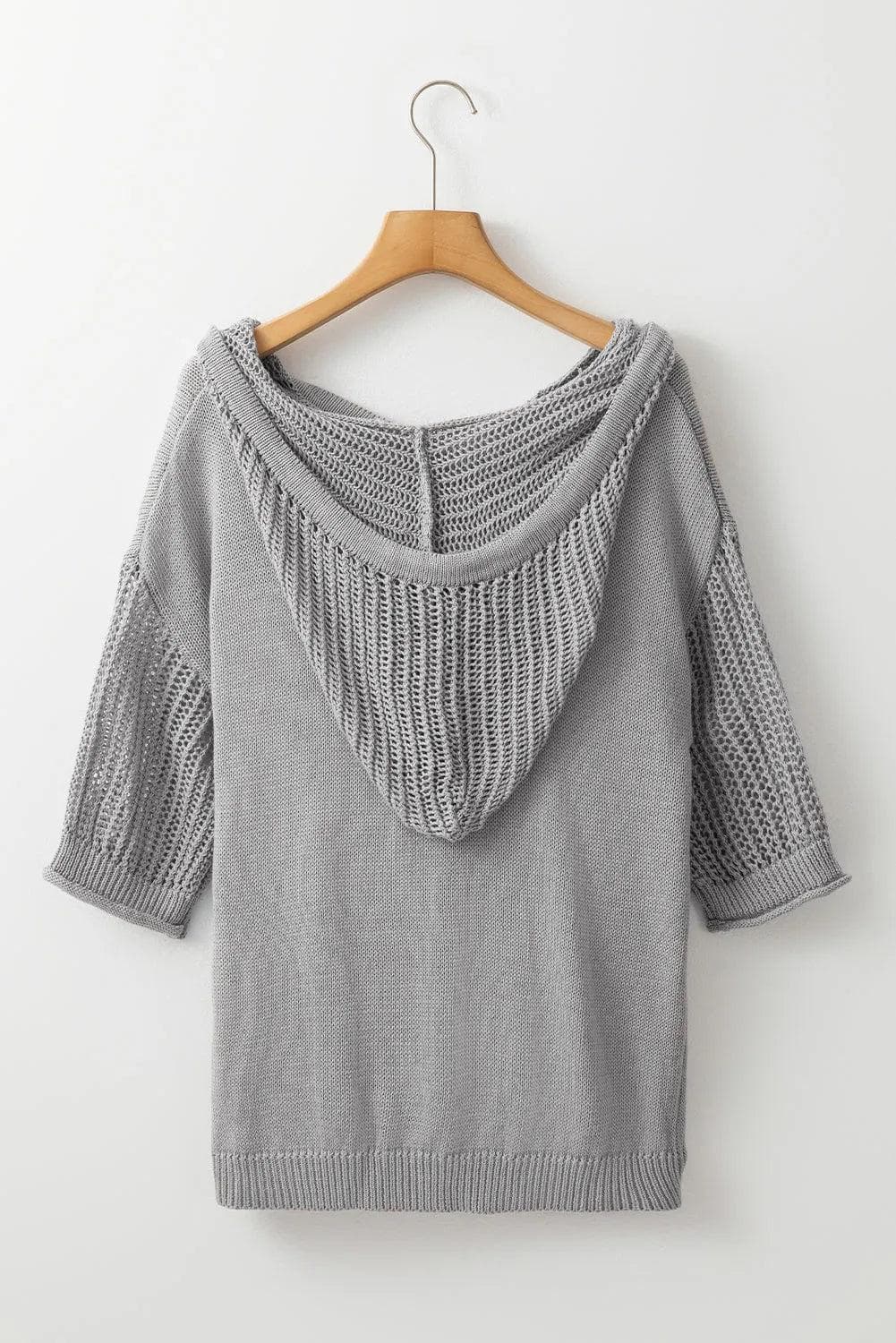 Sweaters & Cardigans/Short Sleeve Sweaters Light Grey Openwork Drawstring Hooded Short Sleeve Sweater Top