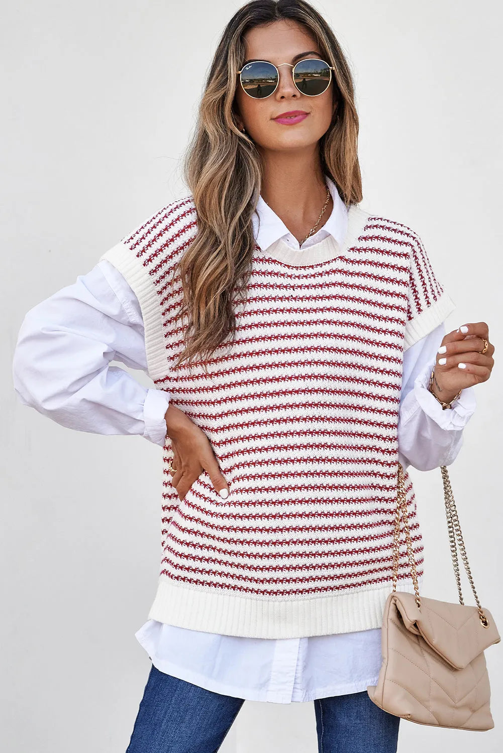 Red Stripe Ribbed Trim Loose Fit Knitted Sweater Vest - Chic Meadow Boutique 