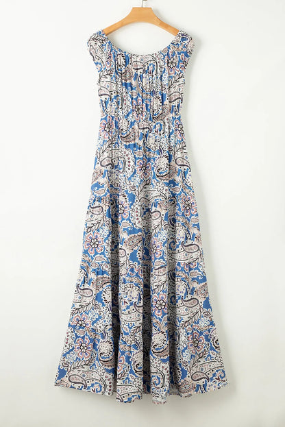 Blue Boho Paisley Print Off Shoulder Maxi Dress - Chic Meadow Boutique 