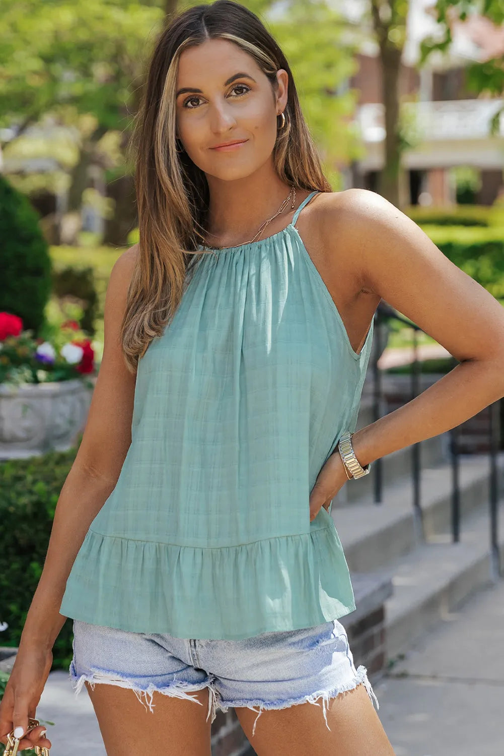 Green Lightweight Ruffle Hem Halter Tank Top - Chic Meadow Boutique 