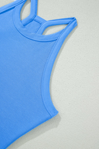 Sky Blue Slim Tank Top Elastic High Waist Shorts 2pcs Outfit