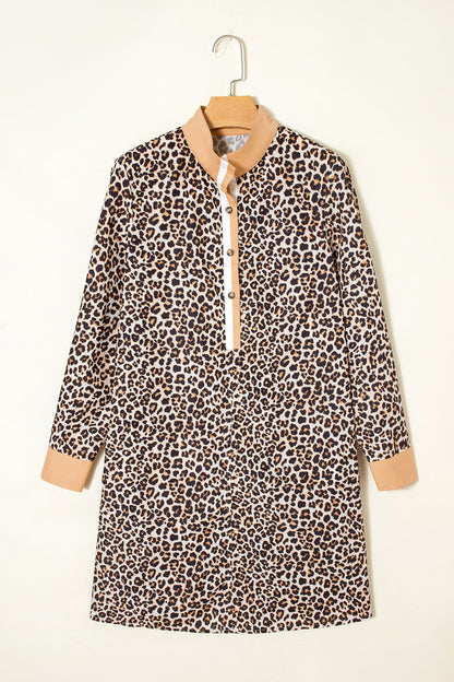 Khaki Button Striped Collar Leopard Print Long Sleeve Flared Dress