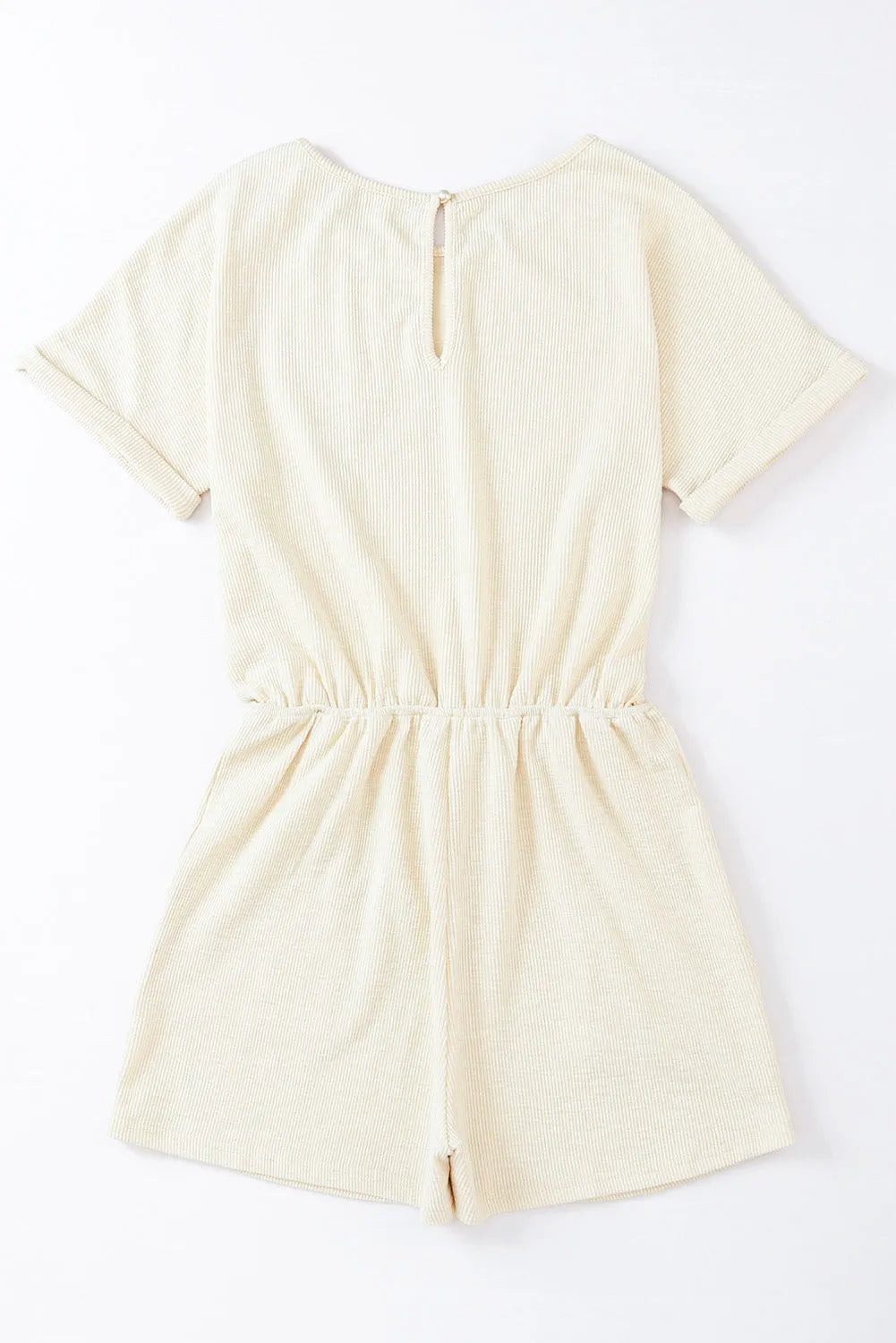 Beige Ribbed Elastic Waist Romper - Chic Meadow Boutique 