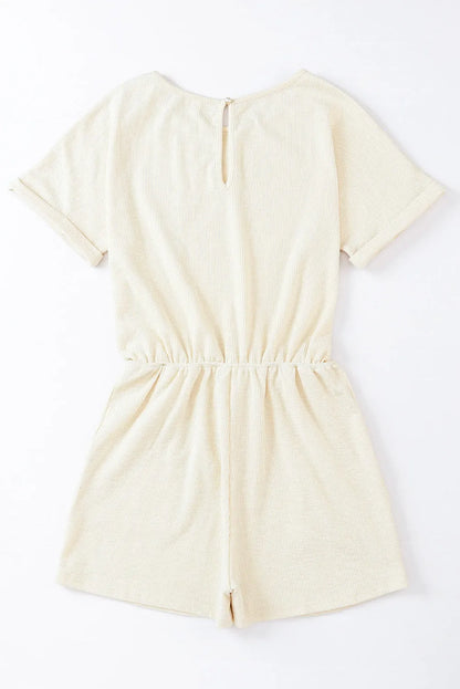 Beige Ribbed Elastic Waist Romper - Chic Meadow Boutique 