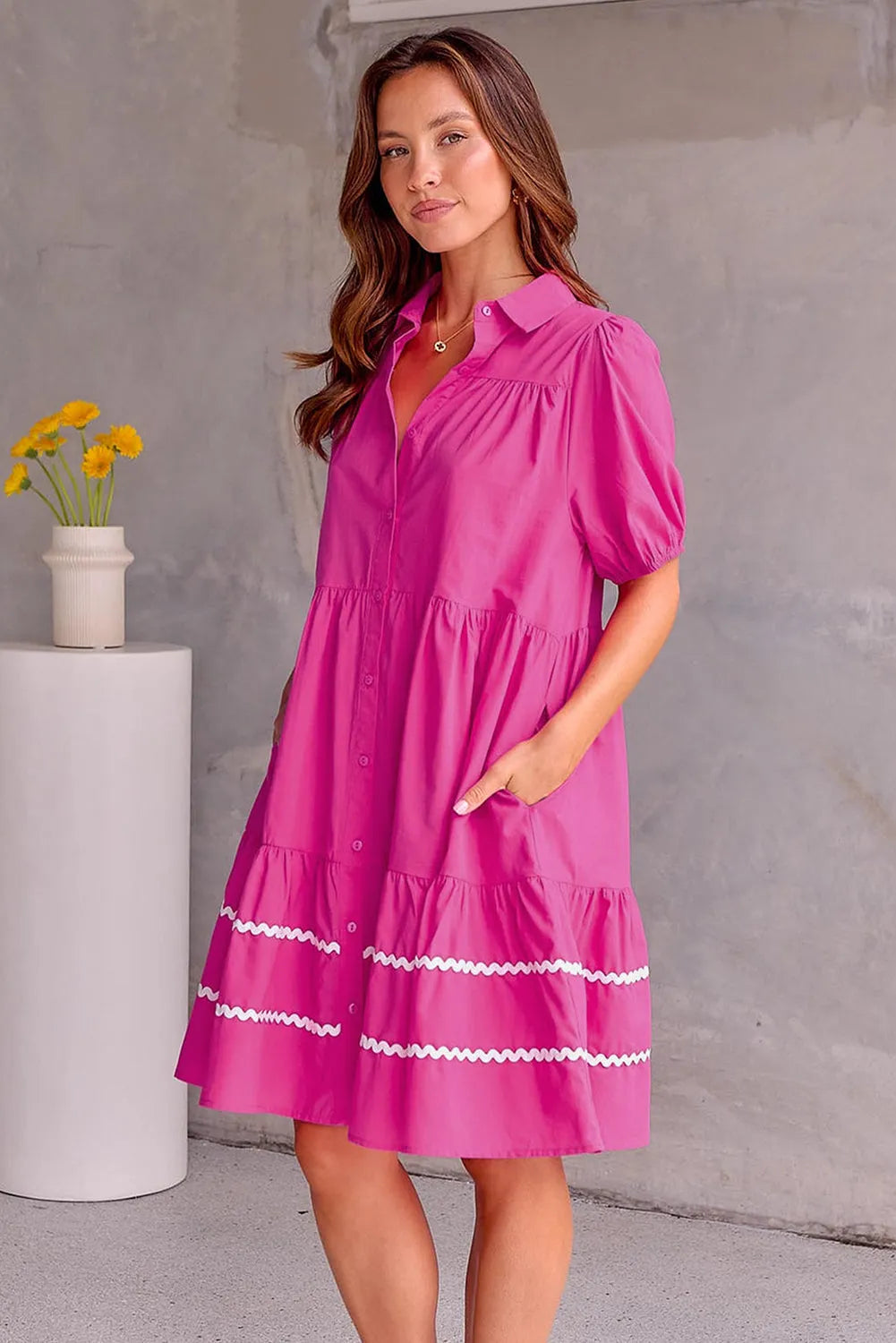 Rose Red Puff Sleeve Contrast Ric-rac Shirt Dress - Chic Meadow Boutique 