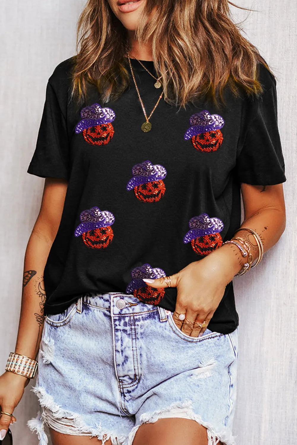 Black Sequin Hat Pumpkin Graphic Crewneck Halloween T Shirt - Chic Meadow Boutique 