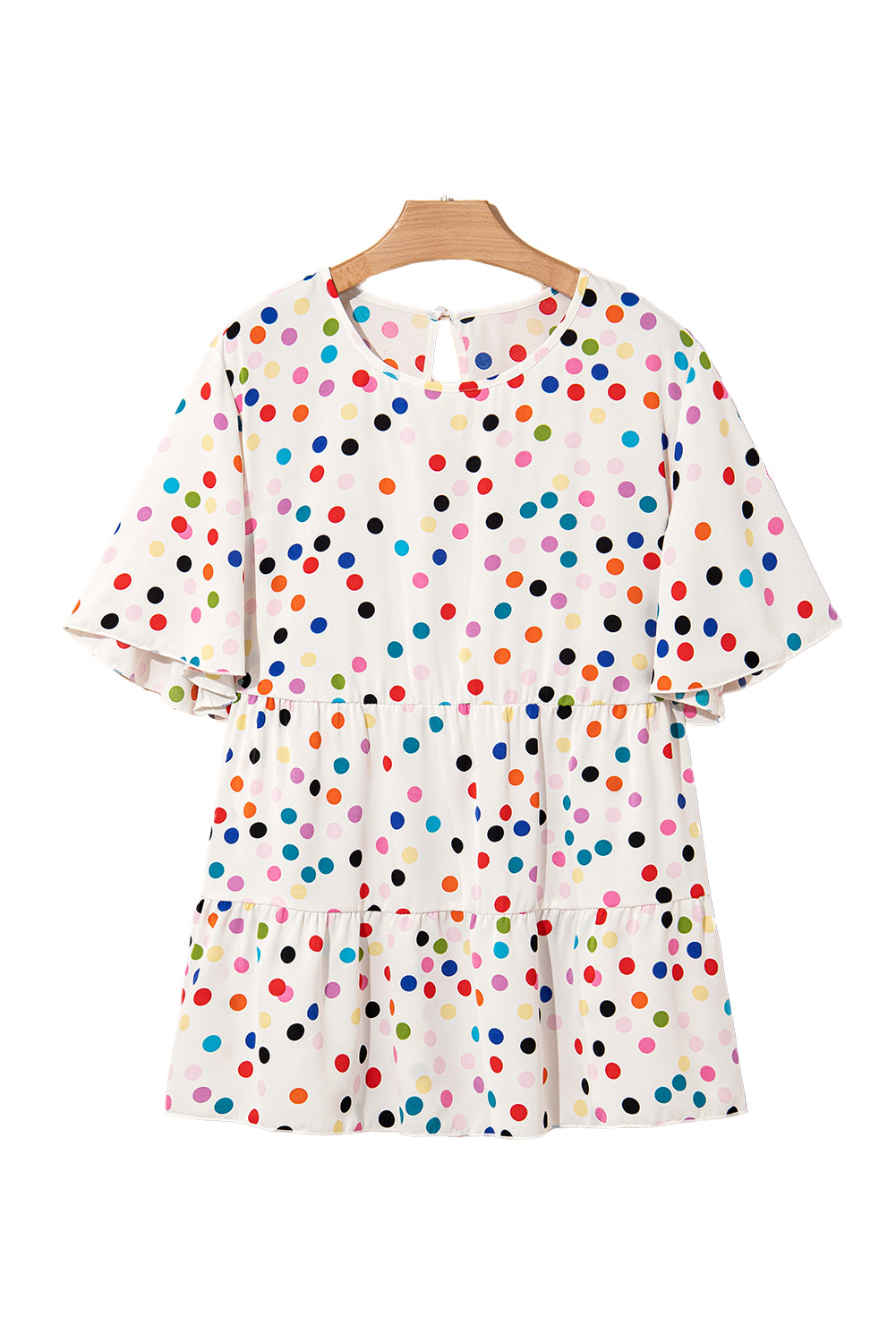 Beige Colorful Polka Dot Print Short Sleeve Ruffled Plus Size Babydoll Blouse