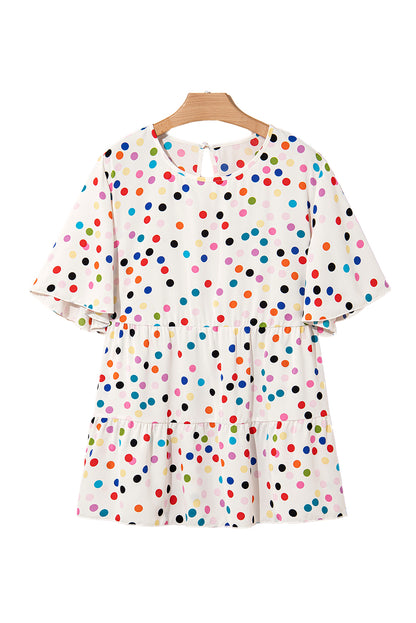Beige Colorful Polka Dot Print Short Sleeve Ruffled Plus Size Babydoll Blouse