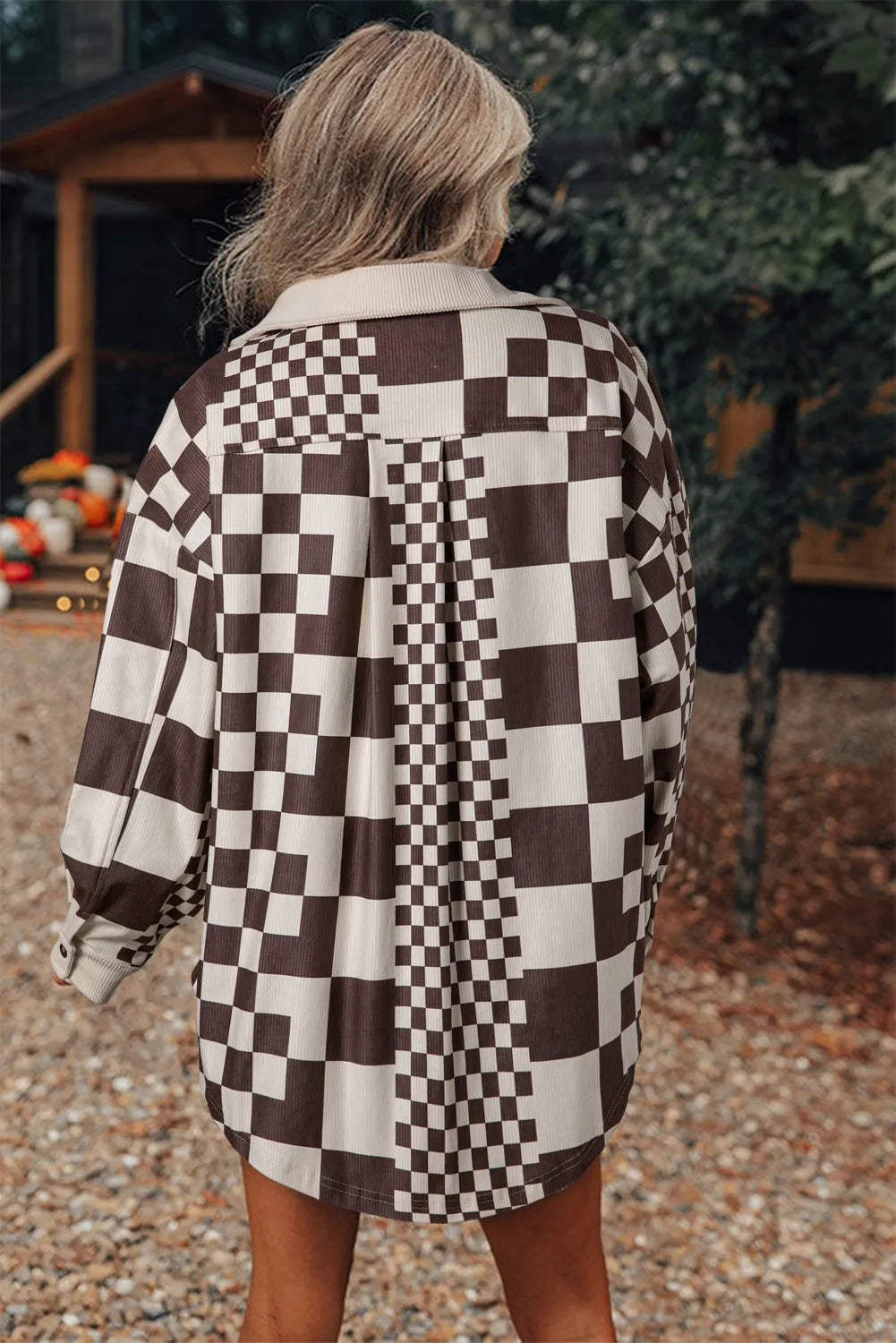 Brown Checkered Print Patchwork Corduroy Shacket - Chic Meadow Boutique 